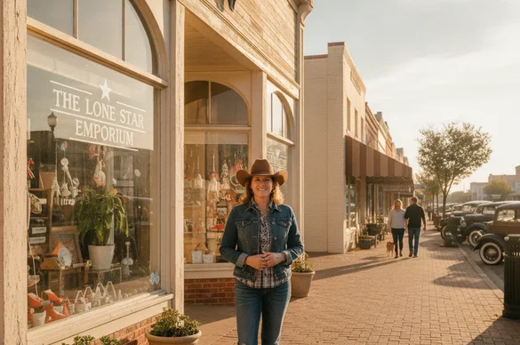 Texas small business owner in front of her shop on a small-town main street